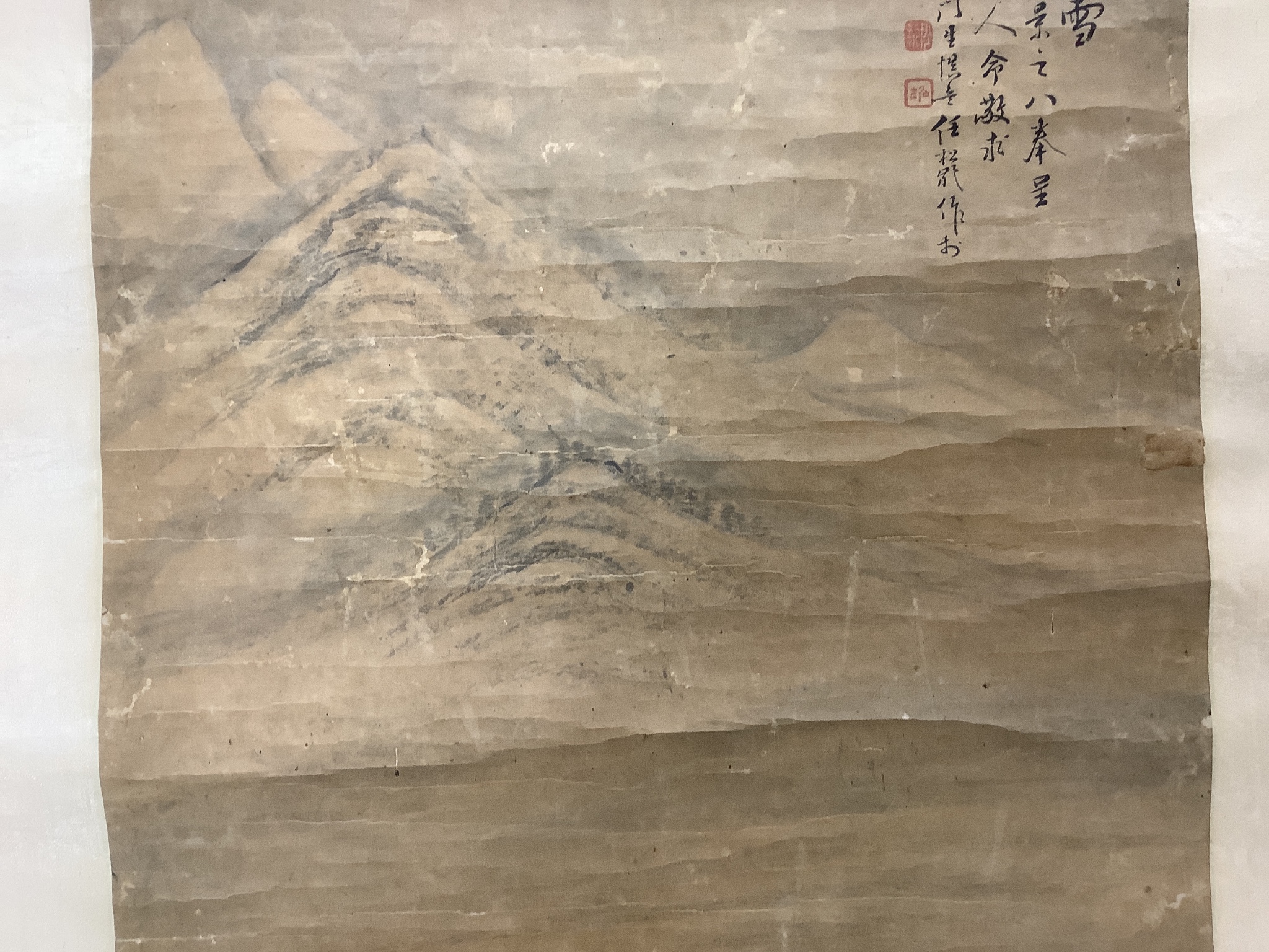 A Chinese scroll painting on paper of a river landscape scene, Qing dynasty Image 100 cm X 36 cm